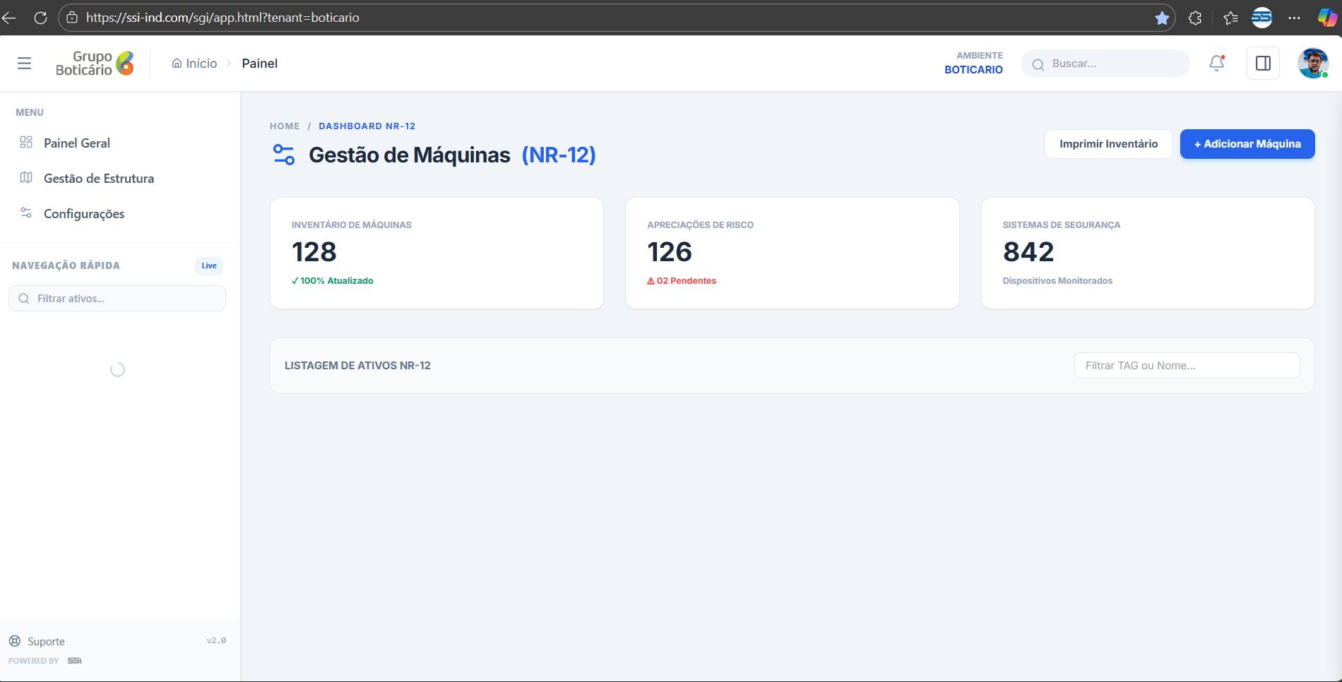 Dashboard NR-12 do módulo ZEUS — tela real do produto